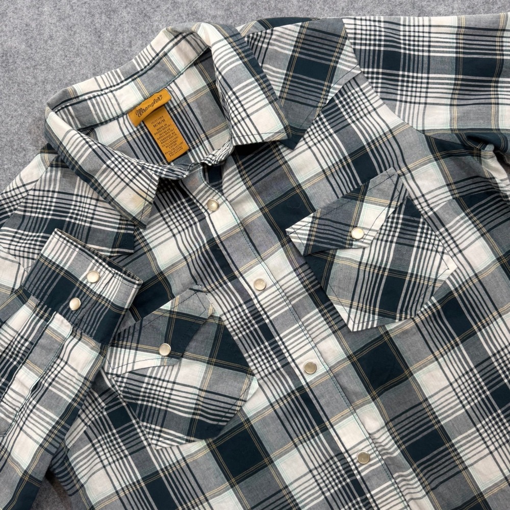Wrangler Womens Plaid Western Snap Long Sleeve Shirt Navy Teal White Size M
